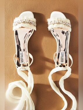 BADGLEY MISCHKA Talia Flat Cream Crystal Tie Sandals Shoes Flats Wedding 8 Party